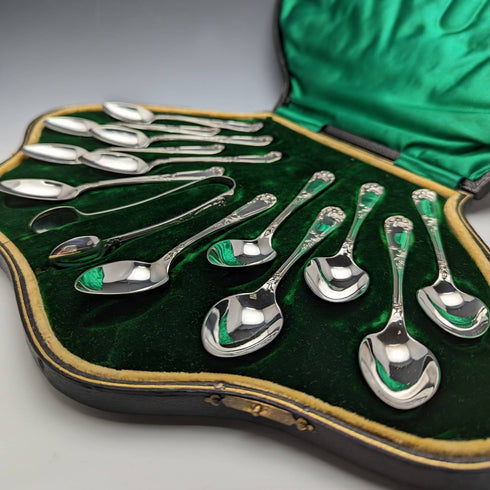 English antique silver plate teaspoon 12 sugar tongs set in case